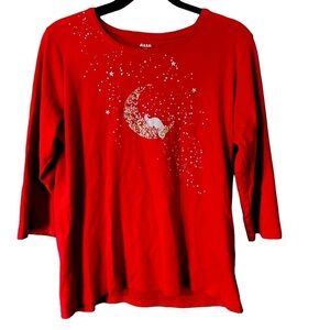 Alia Red Half Sleeve Cotton Embellished Silver Cat Stars Gold Moon Top Sz L